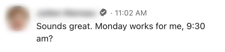 A prospect's reply on LinkedIn agreeing to talk, name blurred.